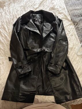 Black Faux Leather Trench Coat with Shearling Collar
